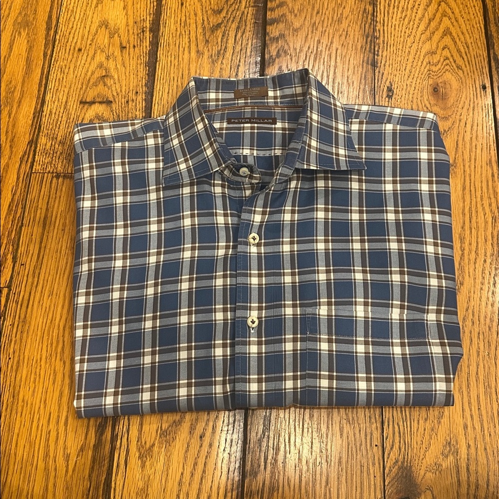 PETER MILLAR BLUE, BROWN & WHITE COTTON BUTTON UP SHIRT- SPREAD COLLAR -SIZE XL